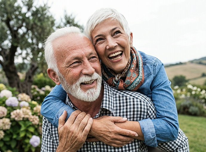 Health in elderly. Maintaining good balance, active movement, and happiness.